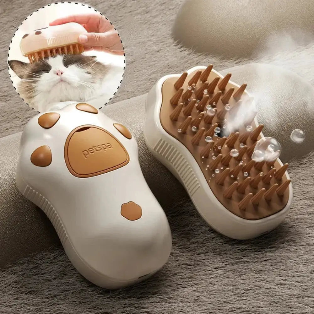 3-in-1 Electric Cat Steam Brush – Groom Massage & Shine - Beige / Paw