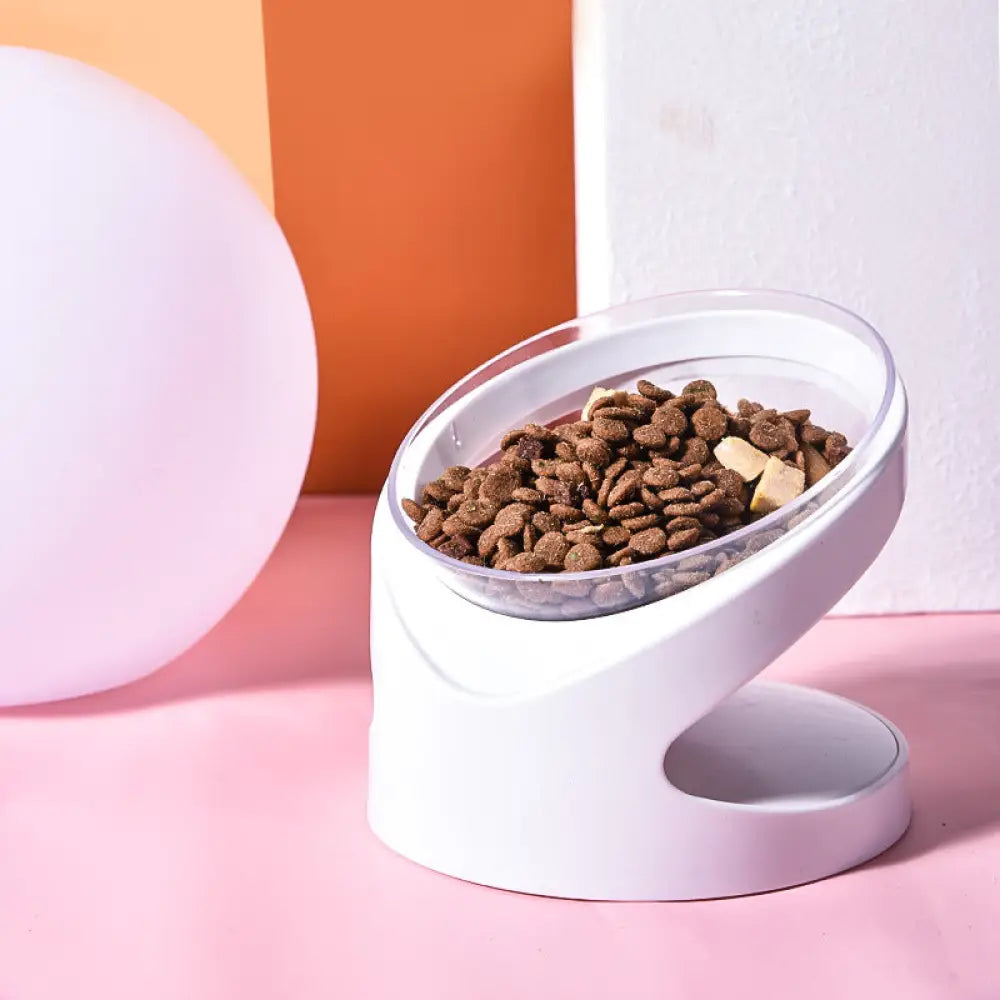 Tilted Pet Bowl with Anti-Slip Stand - White