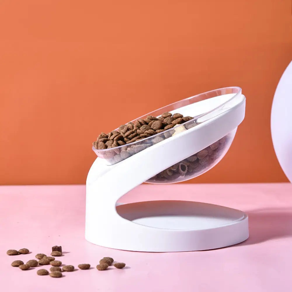Tilted Pet Bowl with Anti-Slip Stand - White